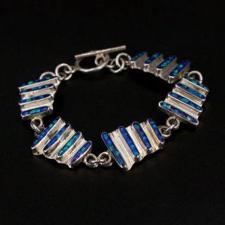 Vtg Sterling Silver - Navajo Zuni Opal Inlay Link 7.  25 " Toggle Bracelet - 19.  5g