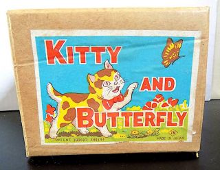 Vintage Tinplate Wind - Up Kitty and Butterfly,  Nomura Toys,  Japan.  NMiB 7