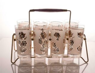 Set Of 8 Vintage Mid Century Frosted Gold Leaf Libbey Glasses In Folding Carrier