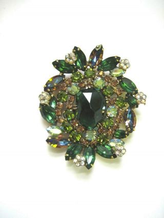 Vintage Signed Weiss Brooch Pin Huge Center Green Stone Multi Green/gold
