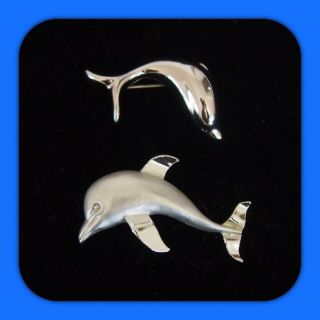Set Of Vintage Brooches Signed Monet & Gerrys Dolphin Fish Silver - Tone