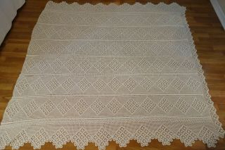 Vintage Hand Crocheted Cotton Bedspread Ecru Bed Cover 73x76