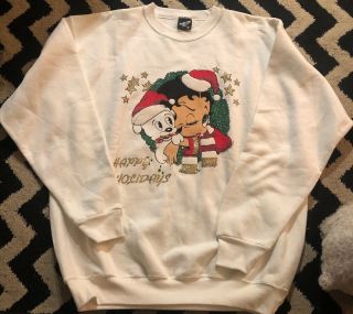 Vintage Betty Boop Christmas Happy Holidays White Sweatshirt Made In Usa Xl Nos