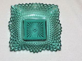 Vintage Diamond Cut Teal Glass Candy Dish Cut Glass 4 1/2 " Square