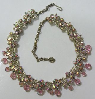 Vtg Jewelry Fabulous Coro Necklace Pink Aurora Rhinestones W Glass Bead Dangles