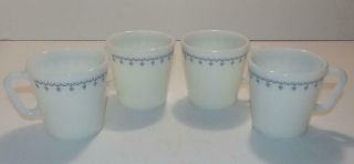 4 Vintage Pyrex Corelle Blue Snowflake Garland Milk Glass Coffee Mugs Cups