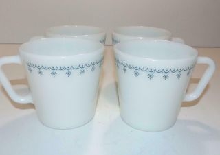 4 Vintage Pyrex Corelle Blue Snowflake Garland Milk Glass Coffee Mugs Cups 3