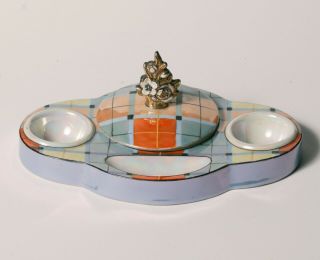 Vintage Art Deco Noritake Desk And Inkwell Set - Plaid Colored Luster - Iridescent