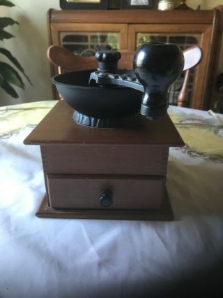 Vintage Old Thompson Wood And Cast Iron Hand Crank Coffee Mill