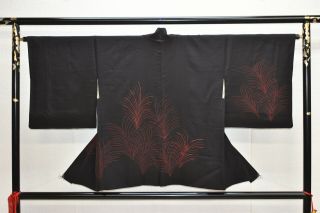 Vintage Silk Kimono Jacket:embroidered Wine Red Autumn Grass@ym03