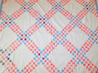Vintage Hand Stitched Cotton Irish Chain Quilt Top Pink Blue Feedsack 80 " X90 "