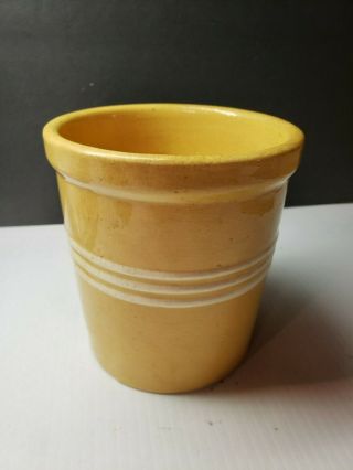 Rare Vintage Yellow Ware White Striped Kitchen Stoneware Crock Utensil Holder