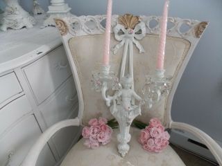 Shabby Vtg.  Chic Cherub Candle Wall Sconce W/ Crystals & Pink Porcelain Roses &
