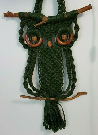 Vintage 1970s Green Macrame Owl Wall Hanging Jute Ooak 29 "