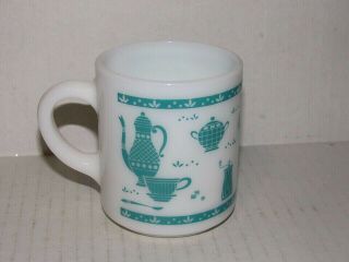Vtg Hazel Atlas Turquoise Kitchen Aids White Milk Glass Coffee Mug Cup 1950 