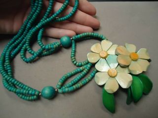 Vintage Carved Wood Turquoise Blue Green Yellow Flower Large Chunky Necklace
