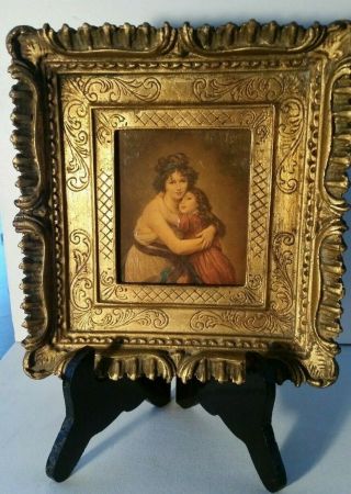 Vintage Italian Portrait Painting On Board Of A Woman & Daughter Ornate Frame