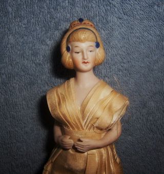 Antique German Bisque Half Doll 7 " Doll House Lady Fancy Hair Jointed Arm Dressd