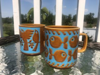 Set Of 2 Hornsea England 1974 Mugs Birds Fish Brown Blue Vintage Coffee Tea Mugs