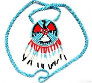 Vintage Turquoise / Multi Color Seed Beads Thunderbird Motif Native Necklace 24 "