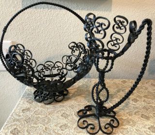 Vintage Black Wrought Iron Candle Holder & Compote Basket Rustic Spanish