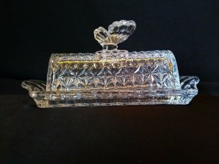 Vintage Clear Pressed Glass Butter Dish With Butterfly Handle Diamond Pattern