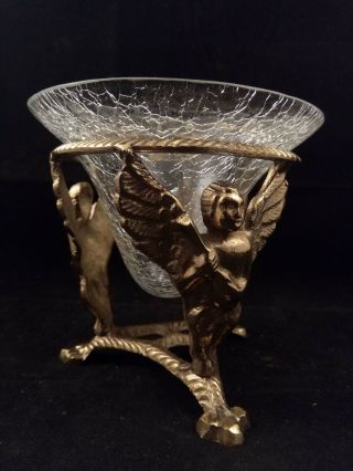 Vintage Crackle Glass And Brass Cherub Angel Bowl (o89)