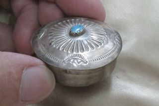 Vintage sterling silver textured hinged pill box,  bezel set turquoise,  SW design 2