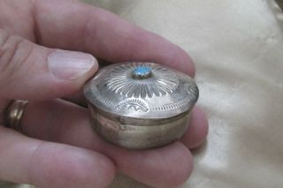 Vintage sterling silver textured hinged pill box,  bezel set turquoise,  SW design 6