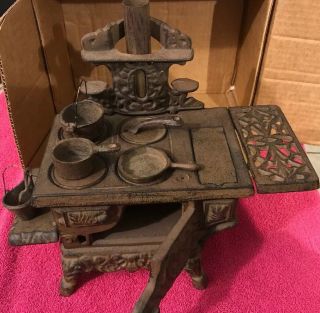Vintage Miniature Crescent Cast Iron Stove Salesman Sample Toy W Accessories