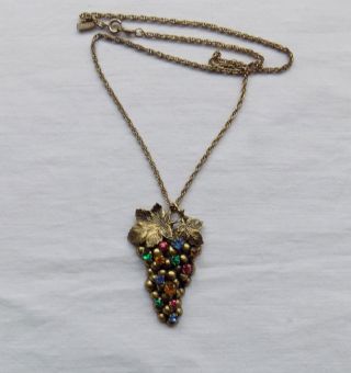 Vintage Necklace With Grape Vine Pendant With Paste Stones Czech