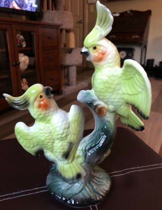 Vintage Maddux California Pottery 2 Green Cockatoo Parrots Tropical Tiki