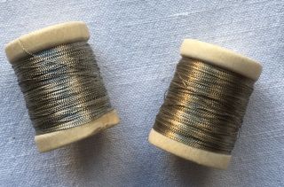 Wooden Spool Of Vintage Silver Metallic Thread Dark Color French