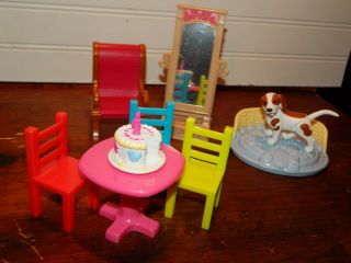 Vintage Fisher Price Loving Family Dollhouse Furniture 1st Birthday Cake & Dog