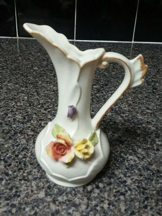 Vintage Capodimonte Italian Double Rose Bisque Porcelain Miniature Pitcher Vase