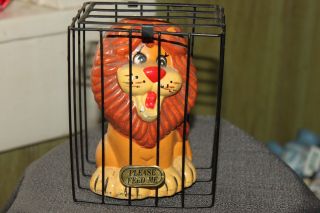 Vintage Ceramic Lion In A Cage Bank With " Feed Me " On The Cage