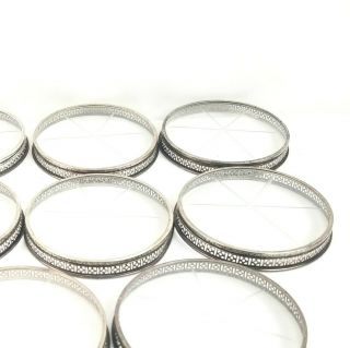 Set Of 8 Mid Century Etched Glass Coasters Sterling Silver Edge Vintage Art Deco
