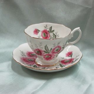 Vintage Royal Albert Footed Cup & Saucer Pink Flowers Leaves English Bone China