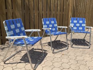 Vintage Aluminum Folding Webbed Lawn Chair Set - Beach Mid Century (blue/white)