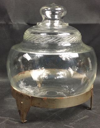 Vintage/antique Glass Candy Jar With Lid And Metal Stand