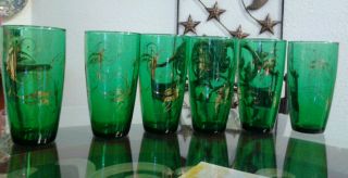 Vintage Anchor Hocking? Emerald Green Water Tumblers With Gold Trim