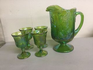 Vintage Green Carnival Glass Pitcher & 4 Goblet Set