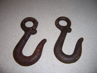 2 Vintage Rusty Cast Iron Chain Hooks - Steampunk Farm Decor