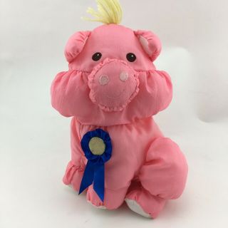 Vintage Puffalump Pink Pig Blue Ribbon Pig Nylon Stuffed Plush Fisher Price 1997
