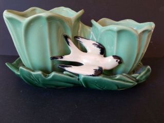 Mccoy Green Double Flower Pot Ceramic Planter W/ Swallow Bird Vintage 1949
