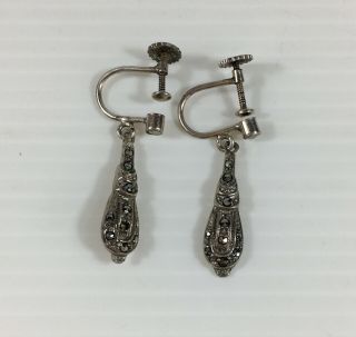Vintage Solid Silver Marcasite Set Drop Earrings Screw On 3cm In Length