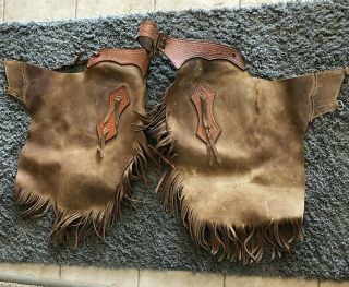 Vintage Kids Leather Chaps Childs Cowboy Cowgirl Brown Riding Fringe Western