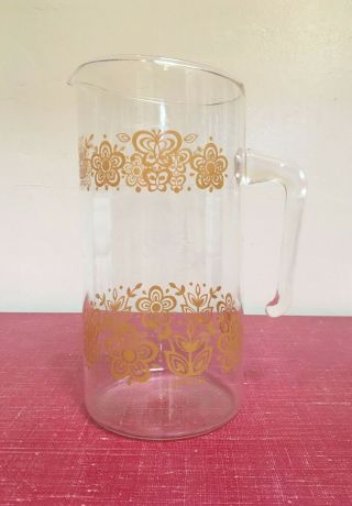 Vintage Pyrex Butterfly Gold Glass Pitcher Carafe Large 32 Oz Open Handle Down