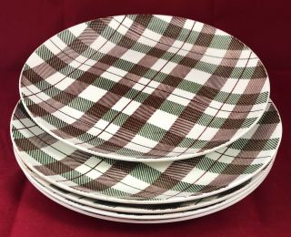 Duraprint Homer Laughlin E56n6 10” Plates Set Of 5 Green Brown Plaid Vintage
