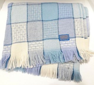 Vtg Pendleton Wool Throw Lap Blanket Square Woven Blue Cream White 66 X 54